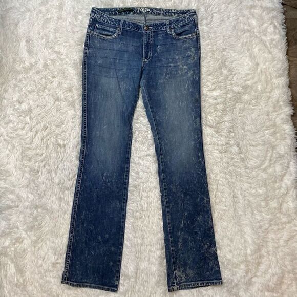 Wrangler Rock 47 Jeans Womens 35x35 Ultra Low Rise Flap Pockets Embroidered - Picture 1 of 12